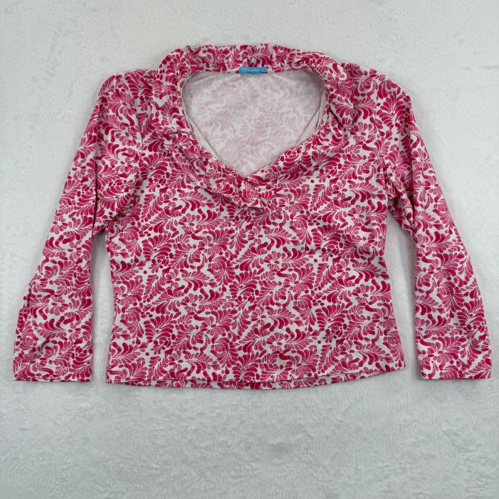 J McLaughlin Catalina Knit Top Size‎ S Pink White Floral V Neck Long Sleeve